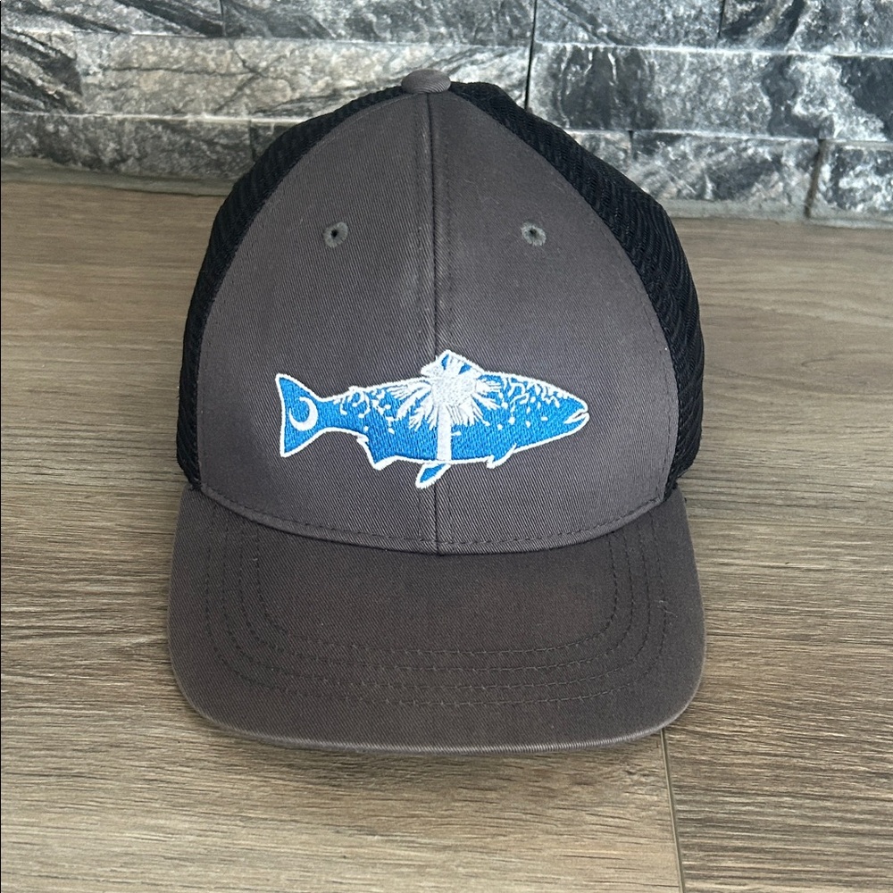 RepYourWater Gray and Black Trucker Hat with Blue Fish Patch